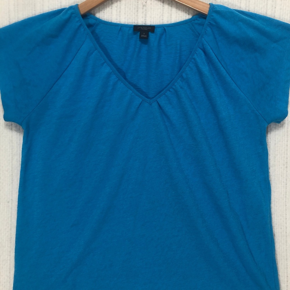 Ann Taylor Factory Blue V-Neck Short Sleeve Pleated Slub Knit Top Small S